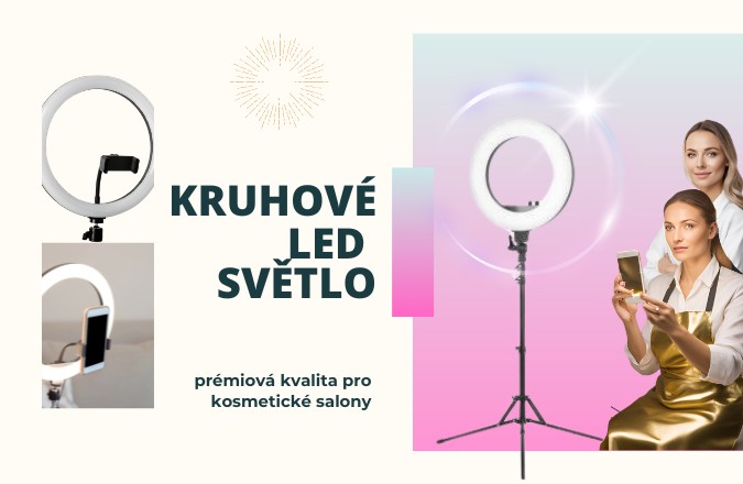 Kruhové LED světlo na stativu s kosmetičkou používající smartphone pro práci